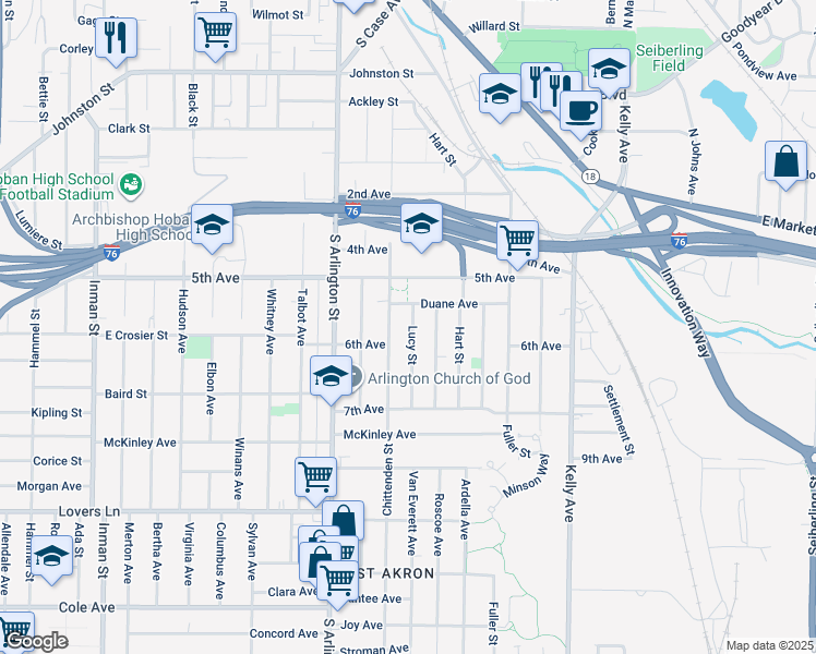 map of restaurants, bars, coffee shops, grocery stores, and more near 450 Lucy Street in Akron