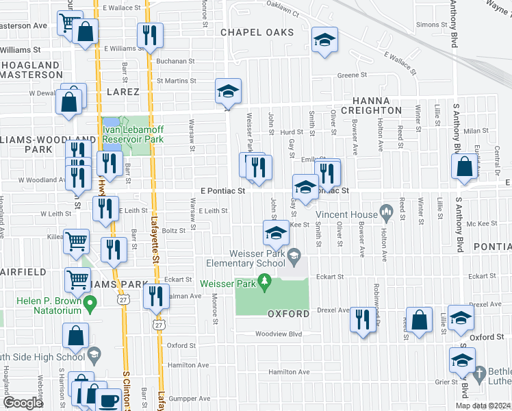 map of restaurants, bars, coffee shops, grocery stores, and more near 2725 Weisser Park Avenue in Fort Wayne