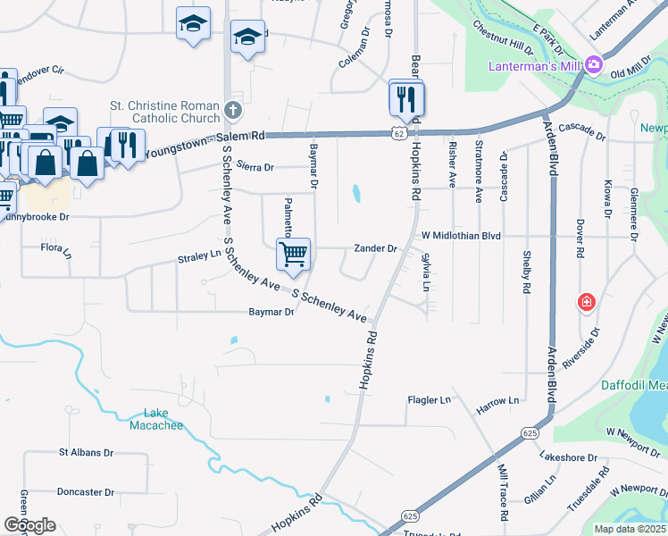 map of restaurants, bars, coffee shops, grocery stores, and more near 75 Lieskin Lane in Youngstown