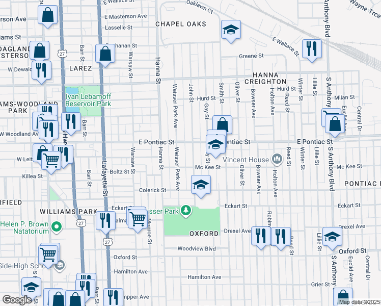 map of restaurants, bars, coffee shops, grocery stores, and more near 2809 John St in Fort Wayne