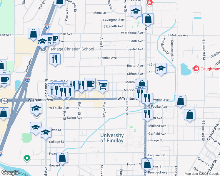 map of restaurants, bars, coffee shops, grocery stores, and more near 247 Madison Avenue in Findlay