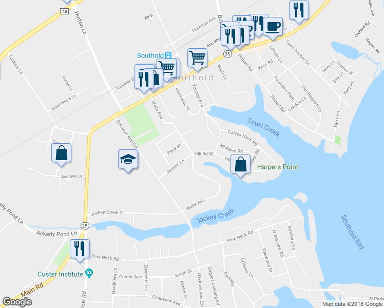 map of restaurants, bars, coffee shops, grocery stores, and more near 1675 Wells Avenue in Southold