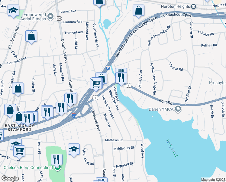 map of restaurants, bars, coffee shops, grocery stores, and more near 45 Weed Avenue in Stamford
