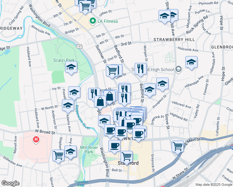map of restaurants, bars, coffee shops, grocery stores, and more near in Stamford