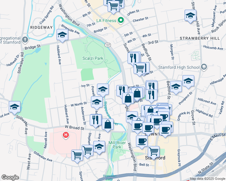 map of restaurants, bars, coffee shops, grocery stores, and more near 20 West Washington Avenue in Stamford