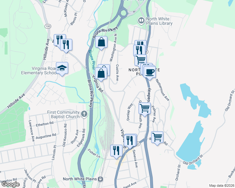 map of restaurants, bars, coffee shops, grocery stores, and more near 35 Washington Avenue North in White Plains