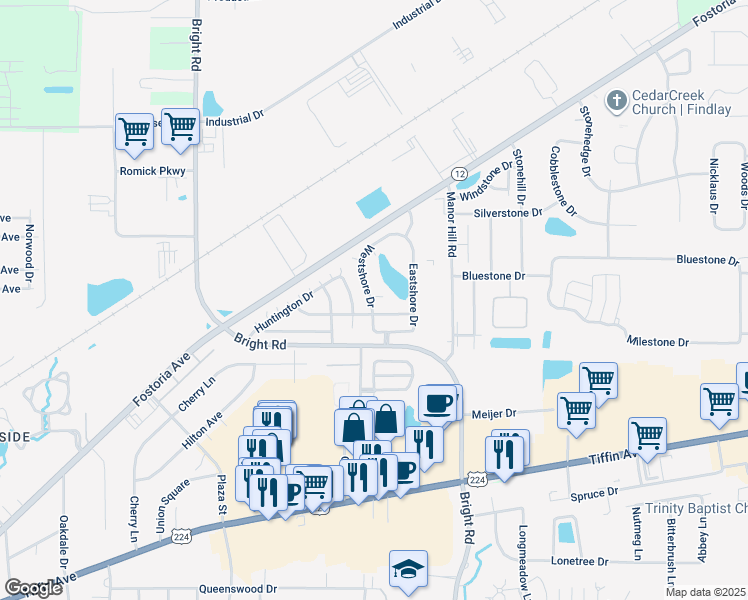 map of restaurants, bars, coffee shops, grocery stores, and more near 1414 Westshore Drive in Findlay