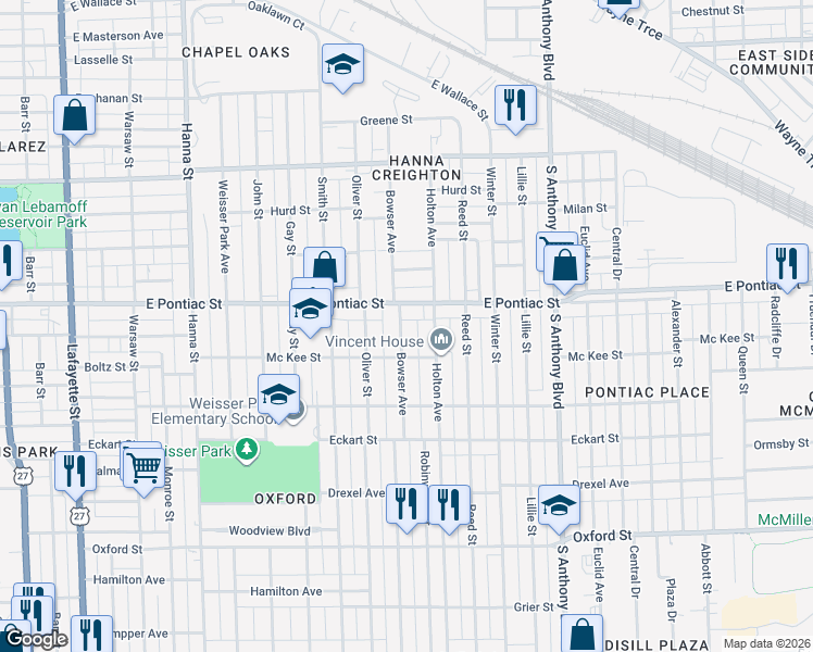 map of restaurants, bars, coffee shops, grocery stores, and more near 2812 Bowser Avenue in Fort Wayne