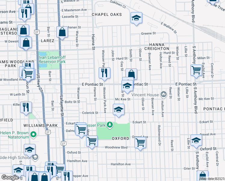 map of restaurants, bars, coffee shops, grocery stores, and more near 2809 John St in Fort Wayne
