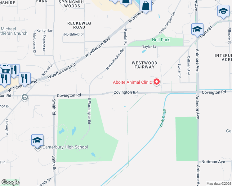 map of restaurants, bars, coffee shops, grocery stores, and more near 4701 Covington Road in Fort Wayne