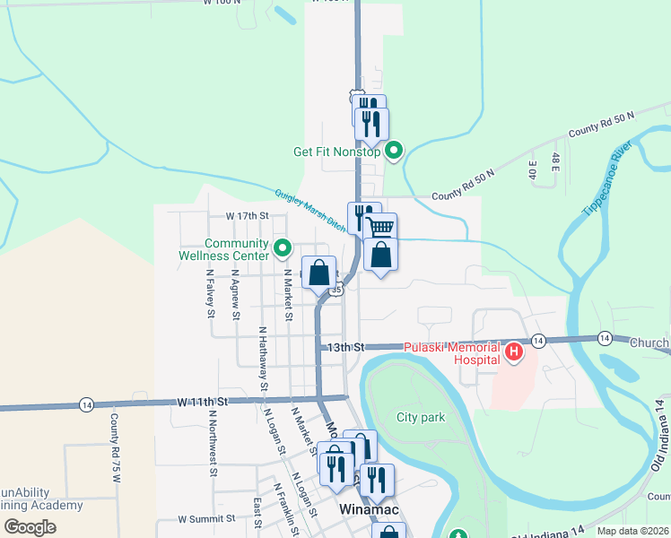 map of restaurants, bars, coffee shops, grocery stores, and more near 901-949 U.S. 35 in Winamac
