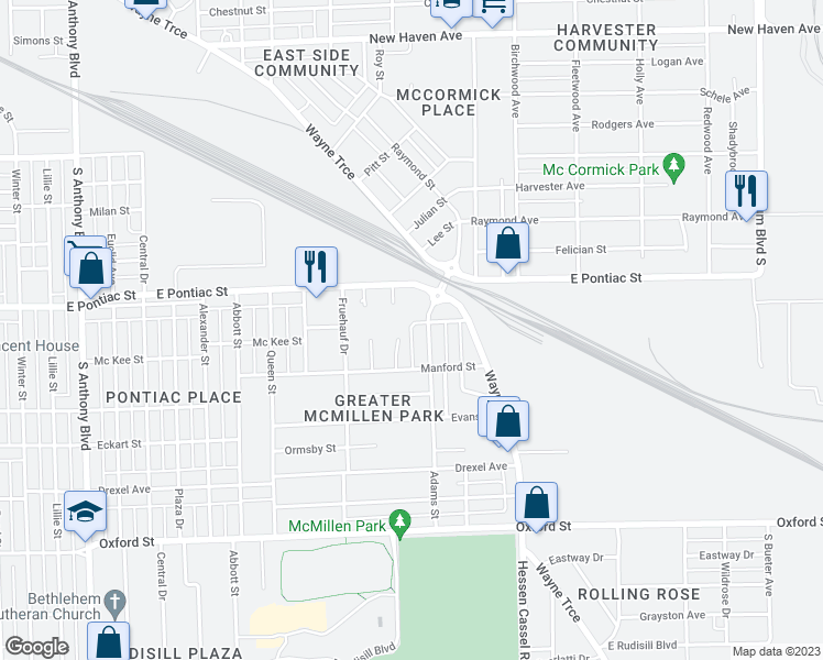 map of restaurants, bars, coffee shops, grocery stores, and more near 2111 McKee Street in Fort Wayne