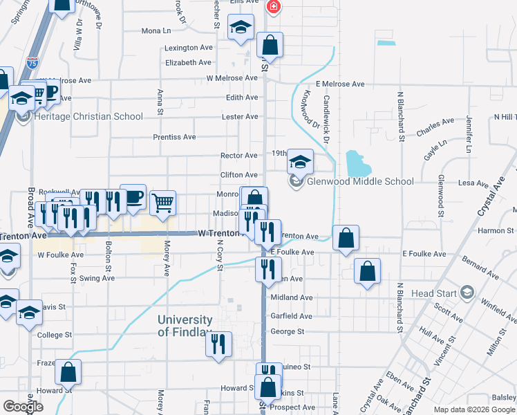 map of restaurants, bars, coffee shops, grocery stores, and more near 1500 North Main Street in Findlay