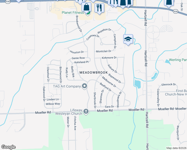 map of restaurants, bars, coffee shops, grocery stores, and more near Brookwood Drive in Fort Wayne