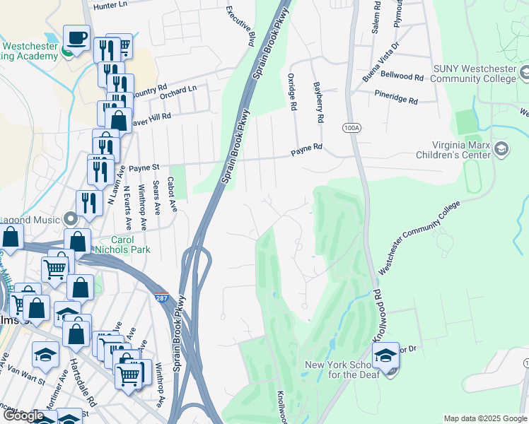 map of restaurants, bars, coffee shops, grocery stores, and more near 370 Knollwood Road Extension in Elmsford