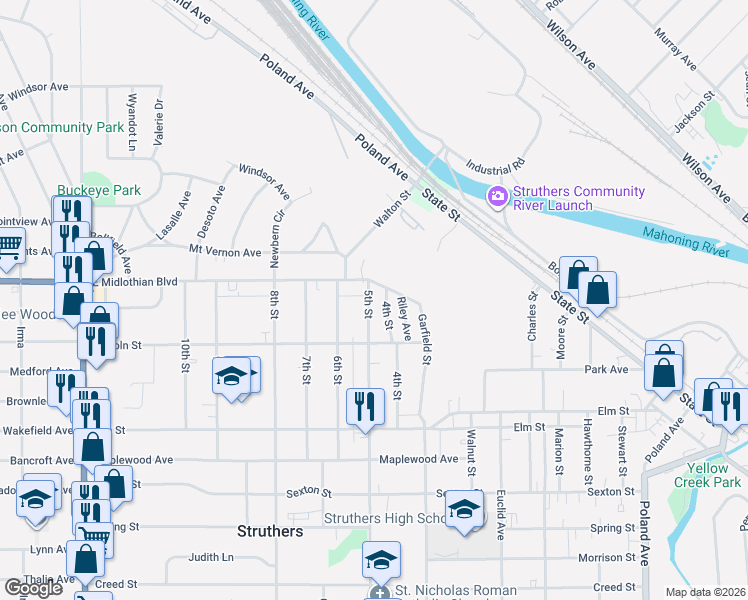 map of restaurants, bars, coffee shops, grocery stores, and more near 441 5th Street in Struthers