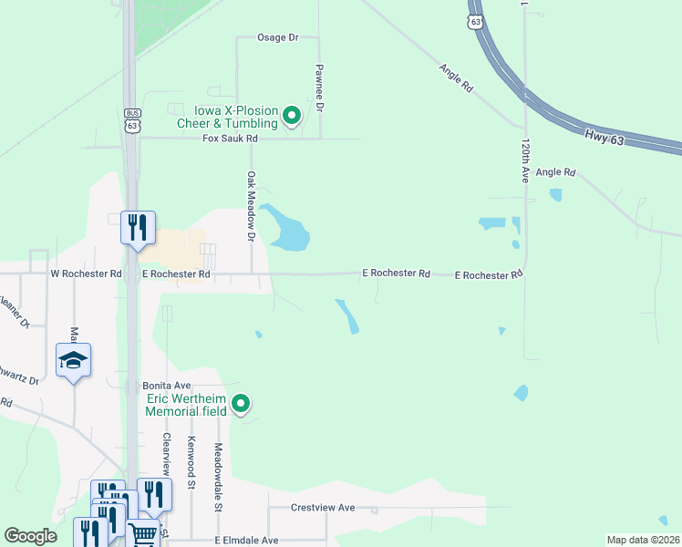 map of restaurants, bars, coffee shops, grocery stores, and more near 311 East Rochester Road in Ottumwa