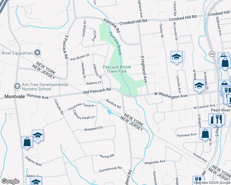 map of restaurants, bars, coffee shops, grocery stores, and more near 99 Old Pascack Road in Pearl River