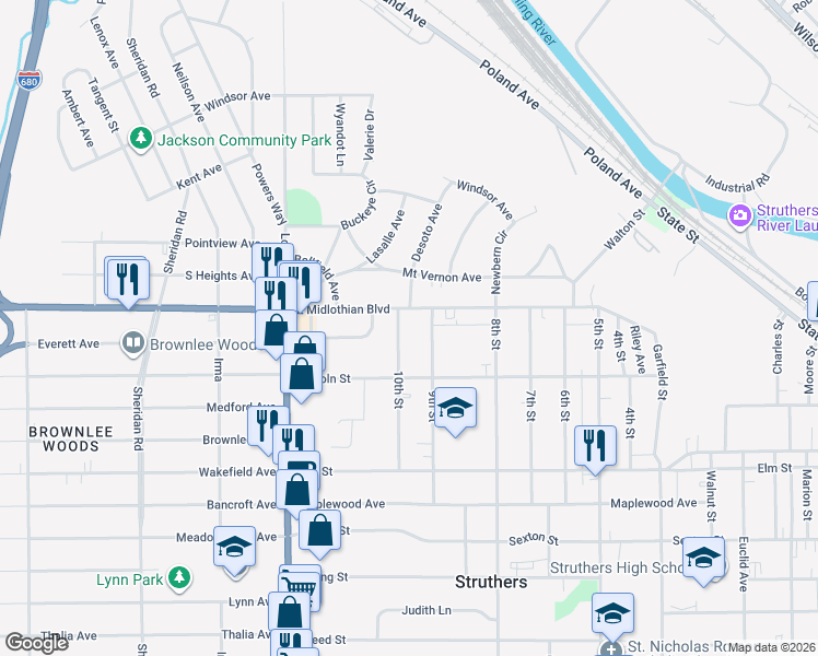 map of restaurants, bars, coffee shops, grocery stores, and more near 438 10th Street in Struthers