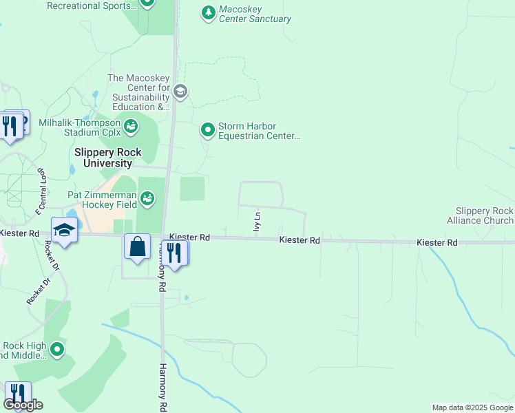 map of restaurants, bars, coffee shops, grocery stores, and more near Vineyard Circle in Slippery Rock