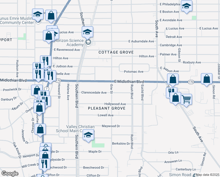 map of restaurants, bars, coffee shops, grocery stores, and more near 3924 Erie Street in Youngstown
