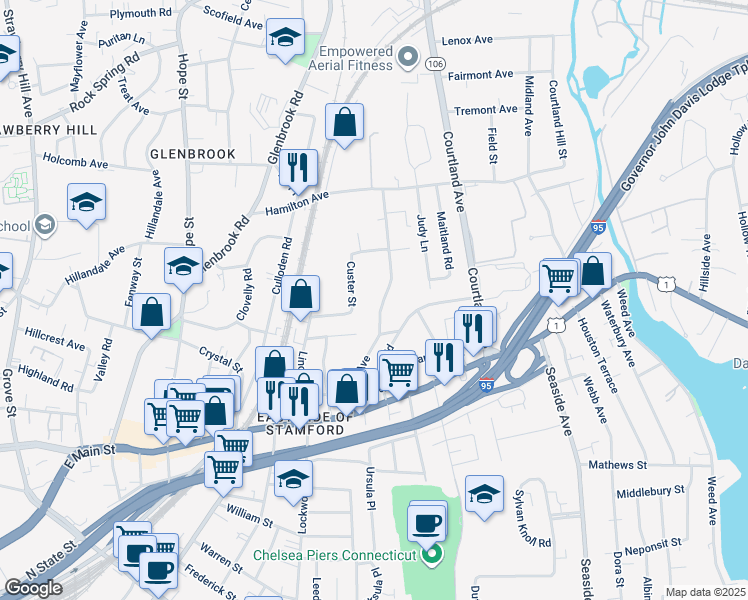 map of restaurants, bars, coffee shops, grocery stores, and more near 103 Lawn Avenue in Stamford