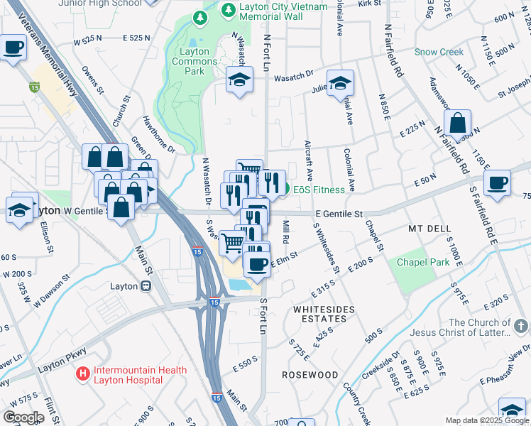 map of restaurants, bars, coffee shops, grocery stores, and more near East Gentile Street & North Fort Lane in Layton