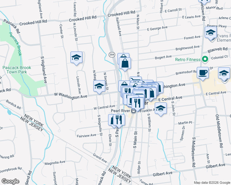 map of restaurants, bars, coffee shops, grocery stores, and more near 37 North Pearl Street in Pearl River