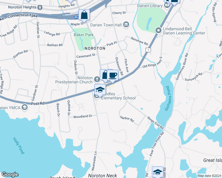 map of restaurants, bars, coffee shops, grocery stores, and more near 18 Rings End Road in Darien