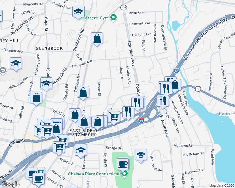 map of restaurants, bars, coffee shops, grocery stores, and more near 38 Revere Drive in Stamford