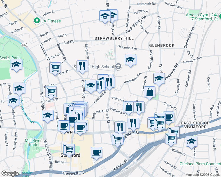 map of restaurants, bars, coffee shops, grocery stores, and more near 167 Grove Street in Stamford