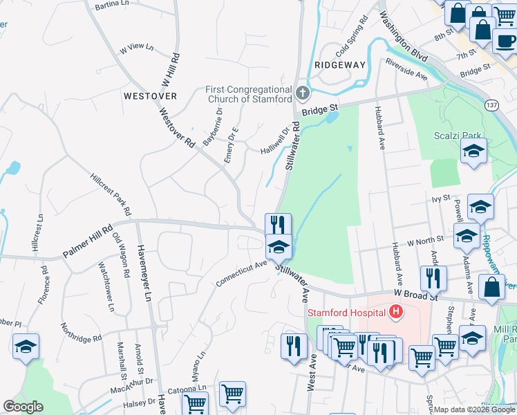 map of restaurants, bars, coffee shops, grocery stores, and more near 496 Stillwater Road in Stamford