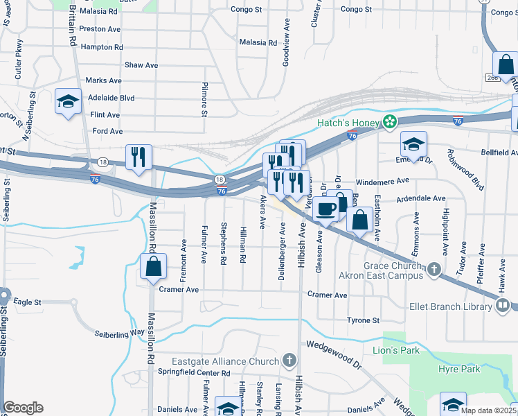 map of restaurants, bars, coffee shops, grocery stores, and more near 60 Akers Avenue in Akron