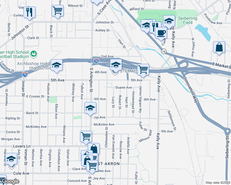 map of restaurants, bars, coffee shops, grocery stores, and more near 467 Lucy Street in Akron