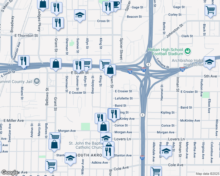 map of restaurants, bars, coffee shops, grocery stores, and more near 820 Brown Street in Akron