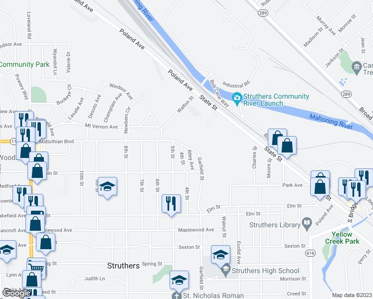 map of restaurants, bars, coffee shops, grocery stores, and more near 3918 Riley Avenue in Struthers