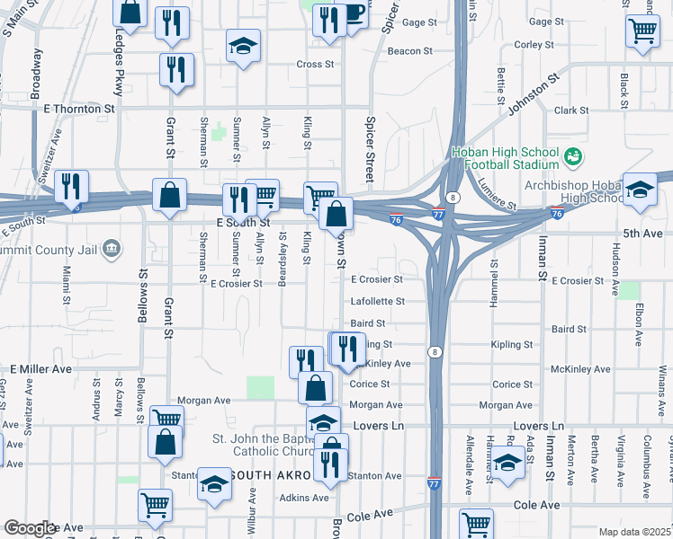 map of restaurants, bars, coffee shops, grocery stores, and more near 820 Brown Street in Akron