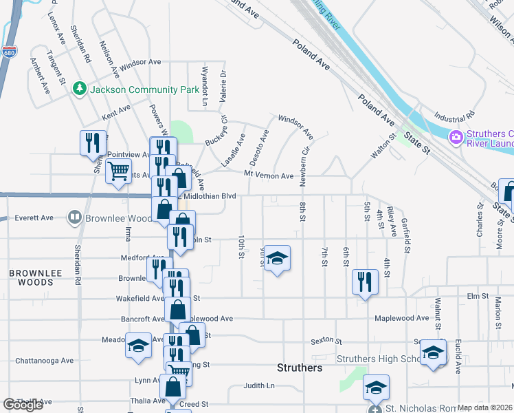 map of restaurants, bars, coffee shops, grocery stores, and more near 432 9th Street in Struthers