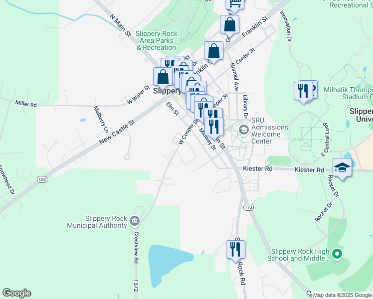 map of restaurants, bars, coffee shops, grocery stores, and more near 227 West Cooper Street in Slippery Rock