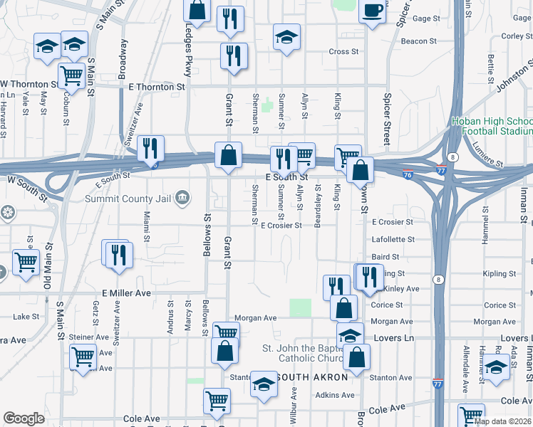 map of restaurants, bars, coffee shops, grocery stores, and more near 346 East Crosier Street in Akron