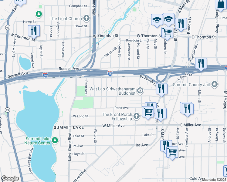 map of restaurants, bars, coffee shops, grocery stores, and more near 175 West Crosier Street in Akron