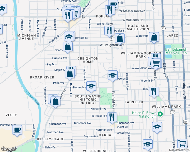 map of restaurants, bars, coffee shops, grocery stores, and more near 711 Guildford Avenue in Fort Wayne