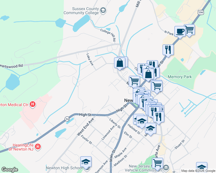 map of restaurants, bars, coffee shops, grocery stores, and more near 14 Center Street in Newton