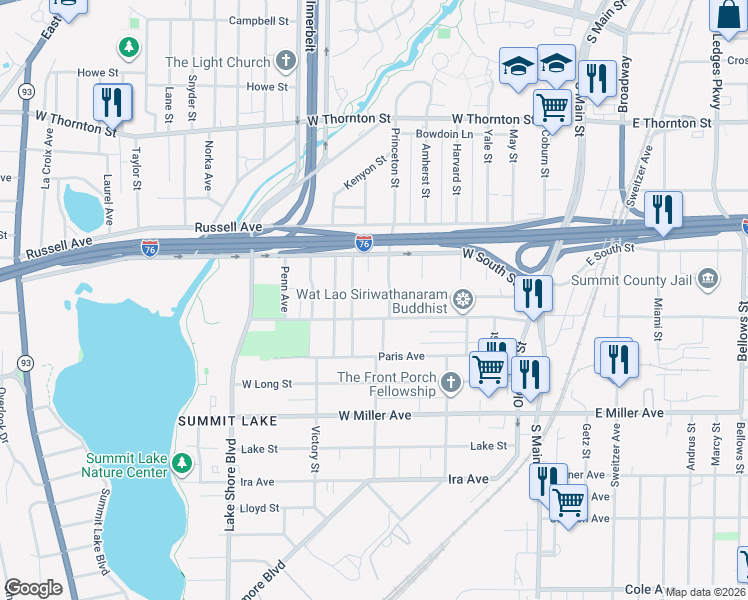 map of restaurants, bars, coffee shops, grocery stores, and more near 175 West Crosier Street in Akron