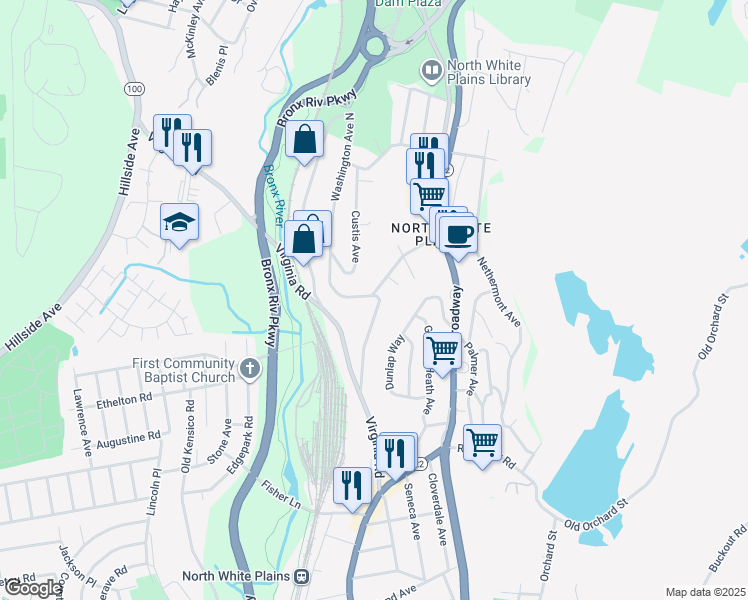 map of restaurants, bars, coffee shops, grocery stores, and more near 35 Washington Avenue North in White Plains