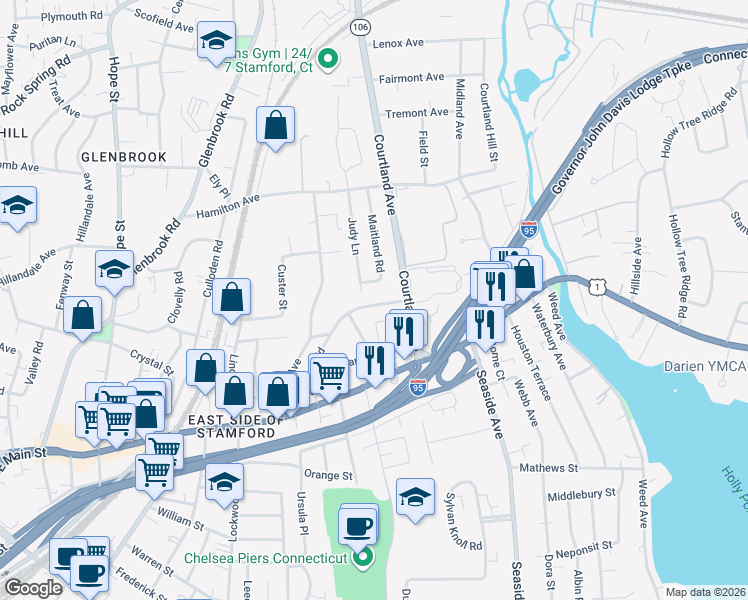 map of restaurants, bars, coffee shops, grocery stores, and more near 38 Courtland Avenue in Stamford