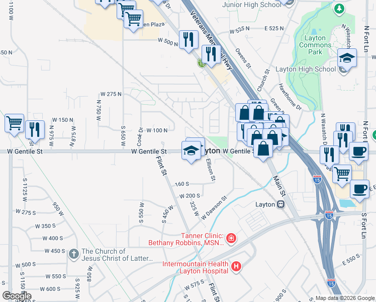 map of restaurants, bars, coffee shops, grocery stores, and more near 369 West Gentile Street in Layton