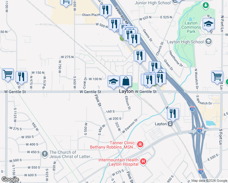 map of restaurants, bars, coffee shops, grocery stores, and more near 369 West Gentile Street in Layton