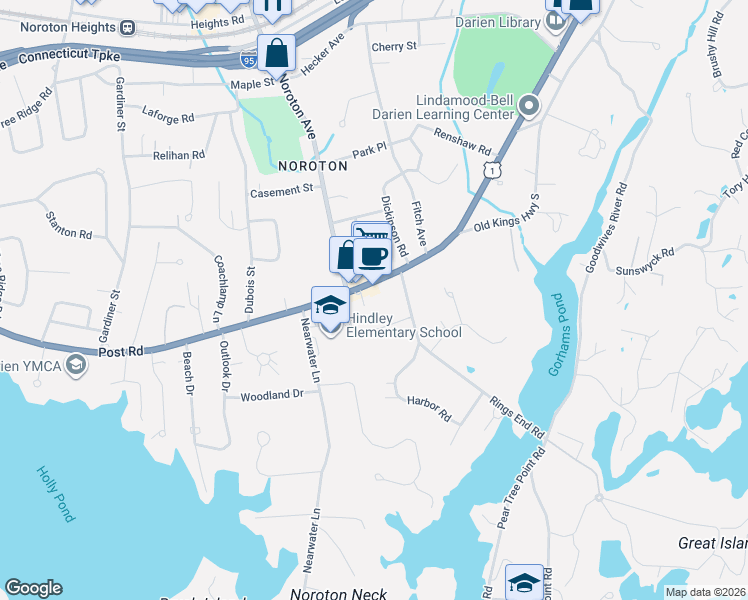 map of restaurants, bars, coffee shops, grocery stores, and more near 18 Rings End Road in Darien