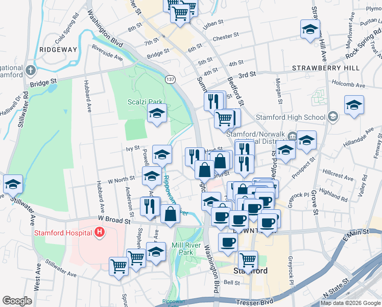 map of restaurants, bars, coffee shops, grocery stores, and more near in Stamford